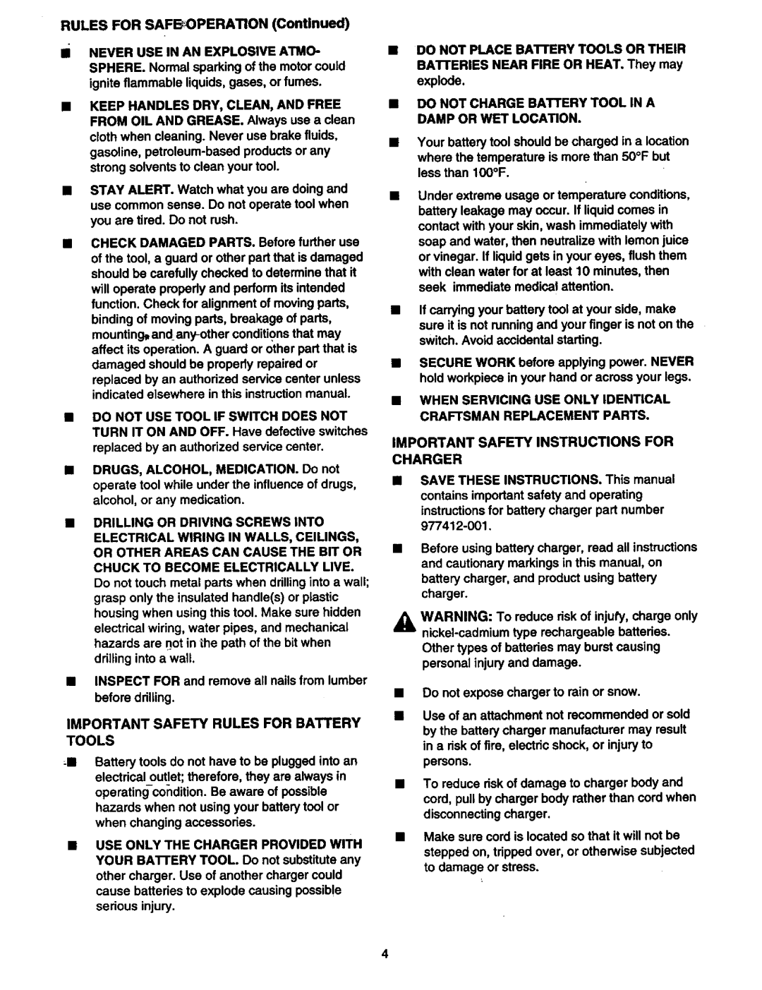 Craftsman 973.2748.70 Do not Charge Battery Tool in a Damp or WET Location, Important Safety Rules for Battery Tools 