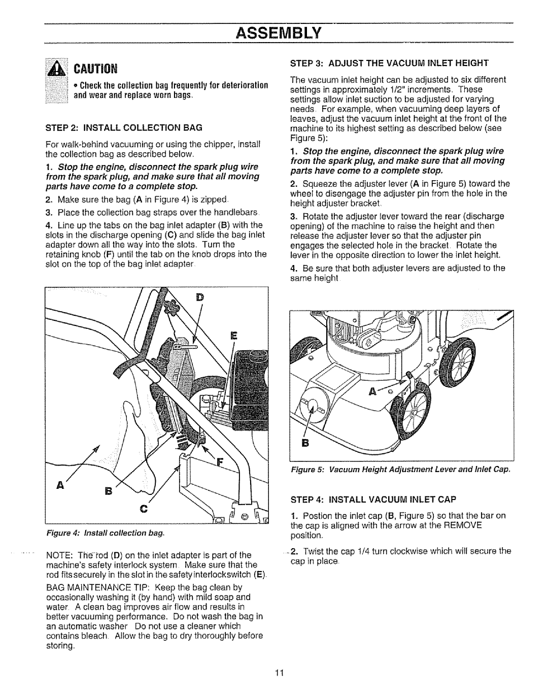 Craftsman 987.799601 manual Install Collection BAG, Adjust the Vacuum Inlet Height, Install Vacuum Inlet CAP 