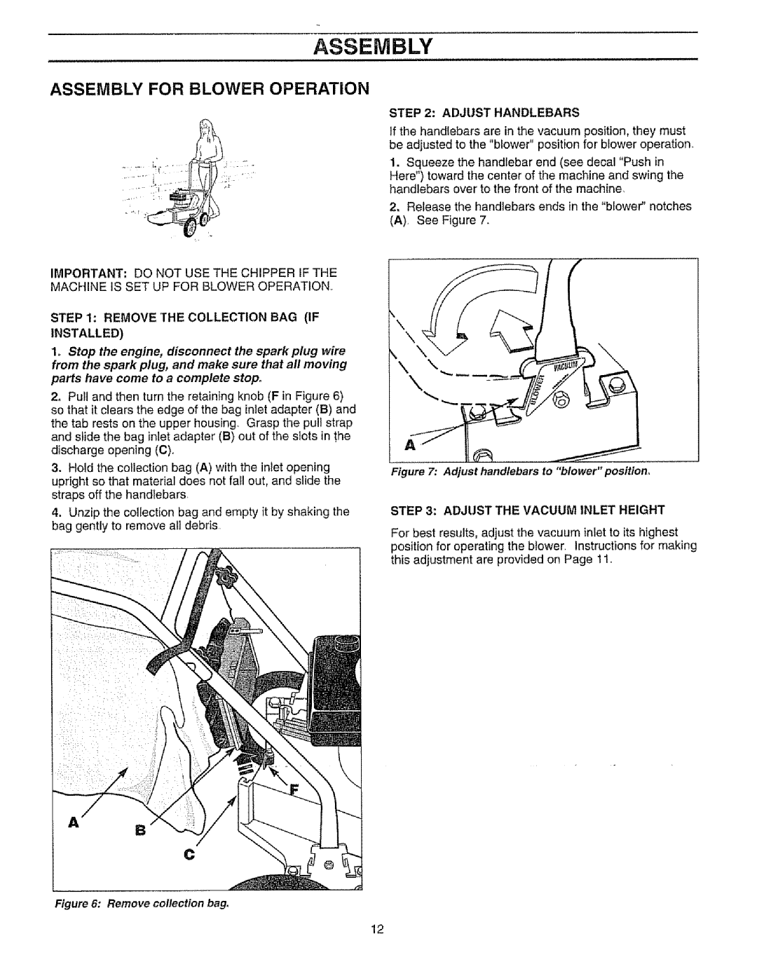 Craftsman 987.799601 manual Assembly for Blower Operation, Adjust Handlebars, Installed, Adjust the Vacuum Inlet Height 