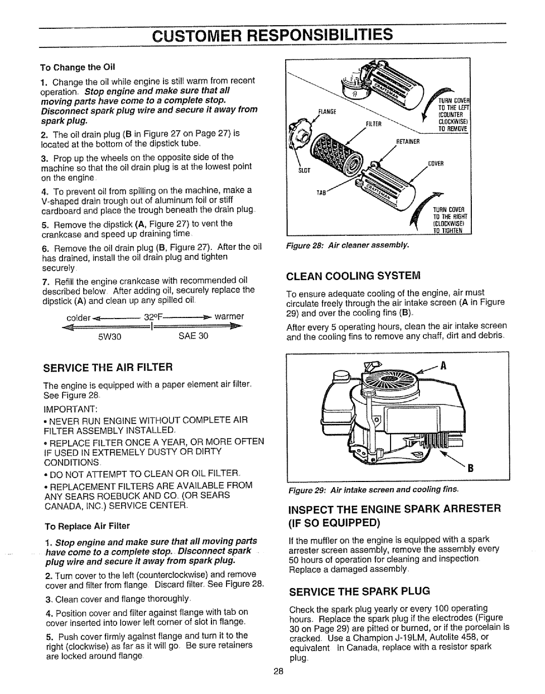 Craftsman 987.799601 manual Customer Responsibilities, Service the AIR Filter, If SO Equipped 