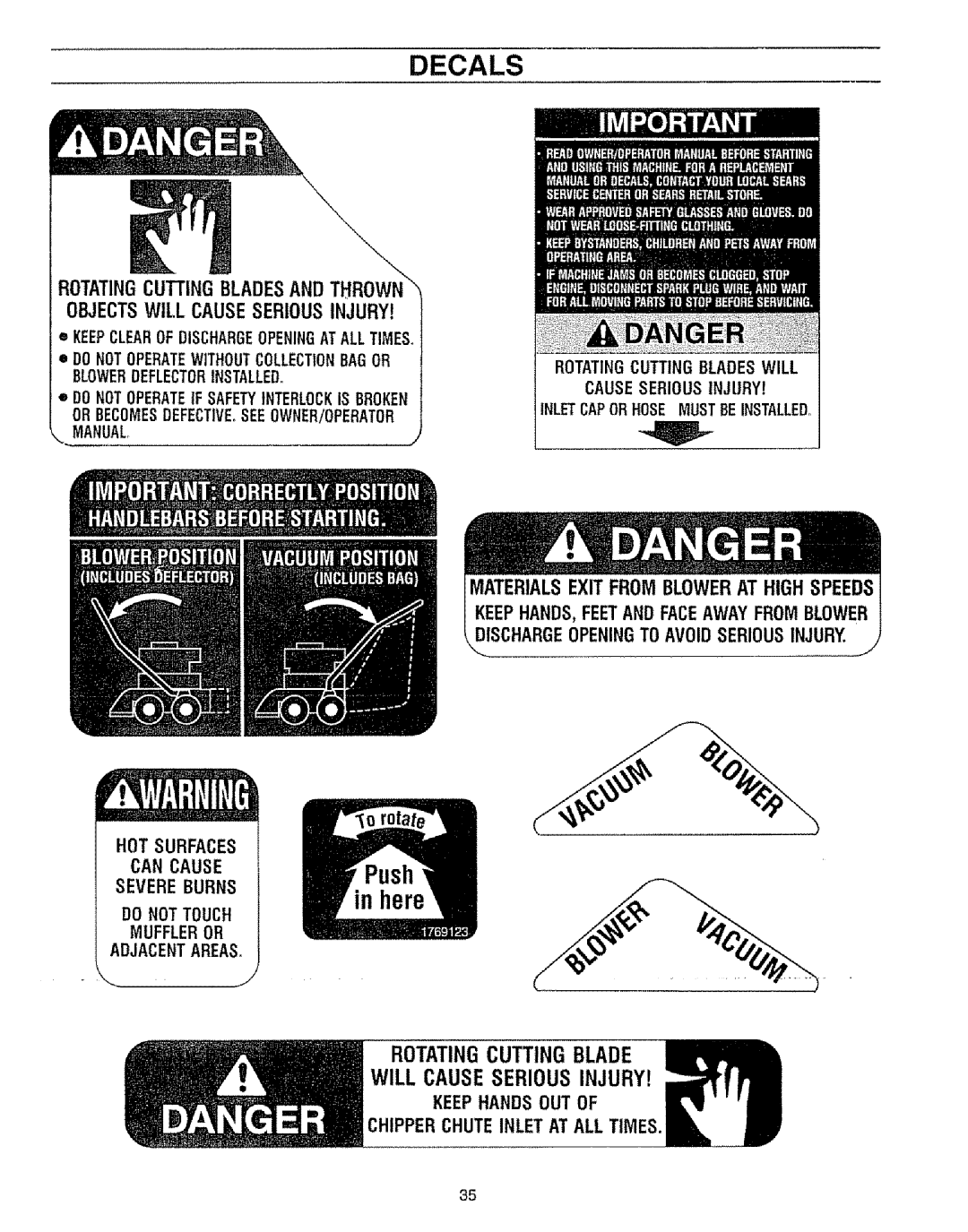 Craftsman 79960 manual Decals, Rotatingcumng Blade, Do Nottouch Muffleror Adjacentareas, Inletcaporhose Mustbeinstalled 