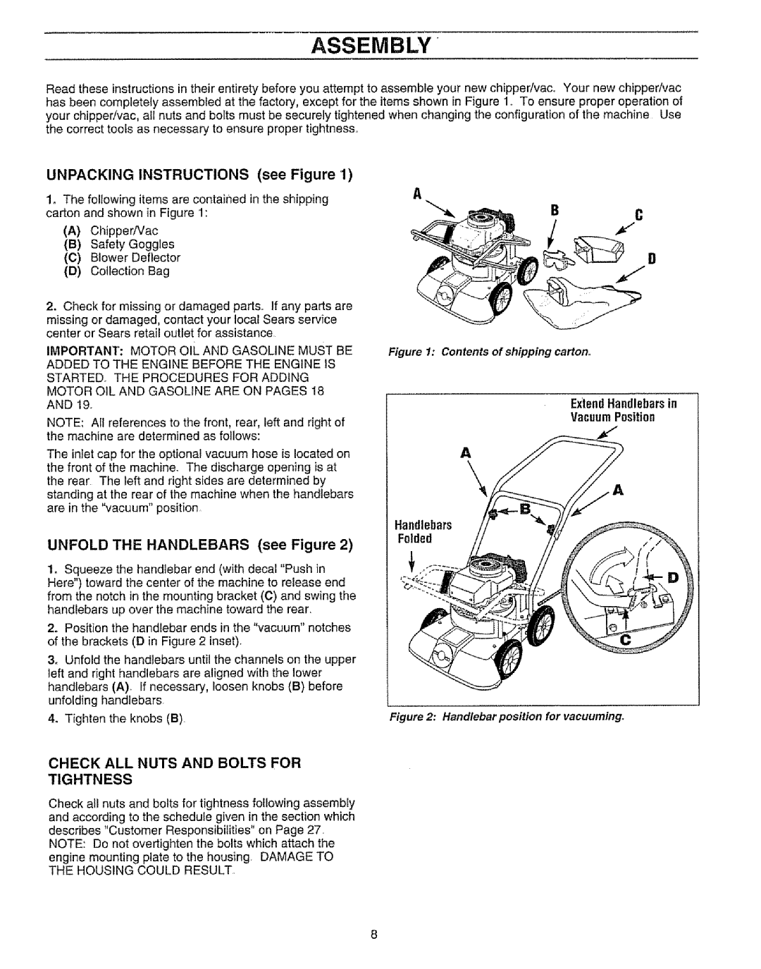 Craftsman 987.799601 manual Assembly, Unfold the Handlebars see Figure, Check ALL Nuts and Bolts for, Tightness 