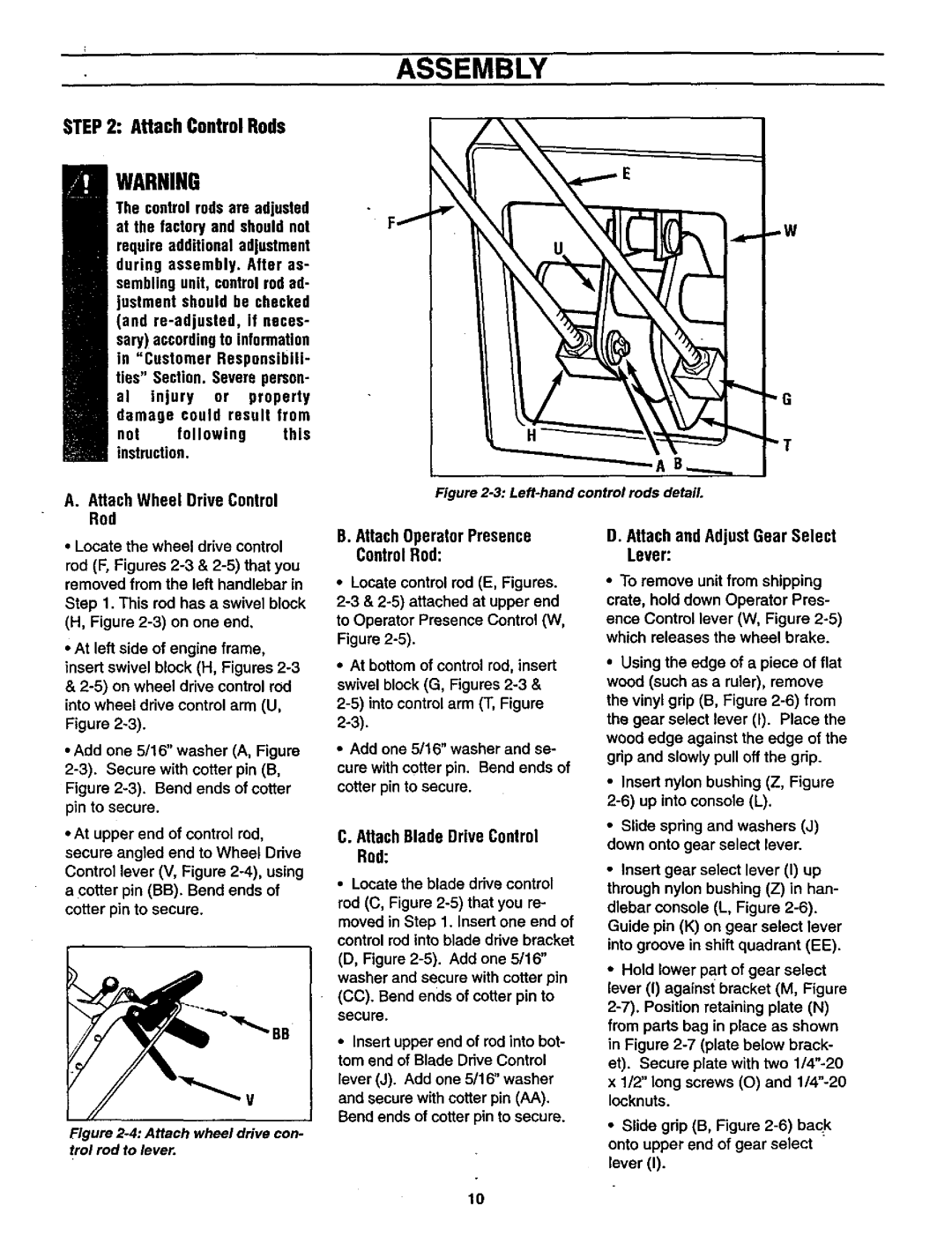 Craftsman 987.889 owner manual Attach ControlRods, AttachWheel DriveControl Rod, AttachOperatorPresence ControlRod 