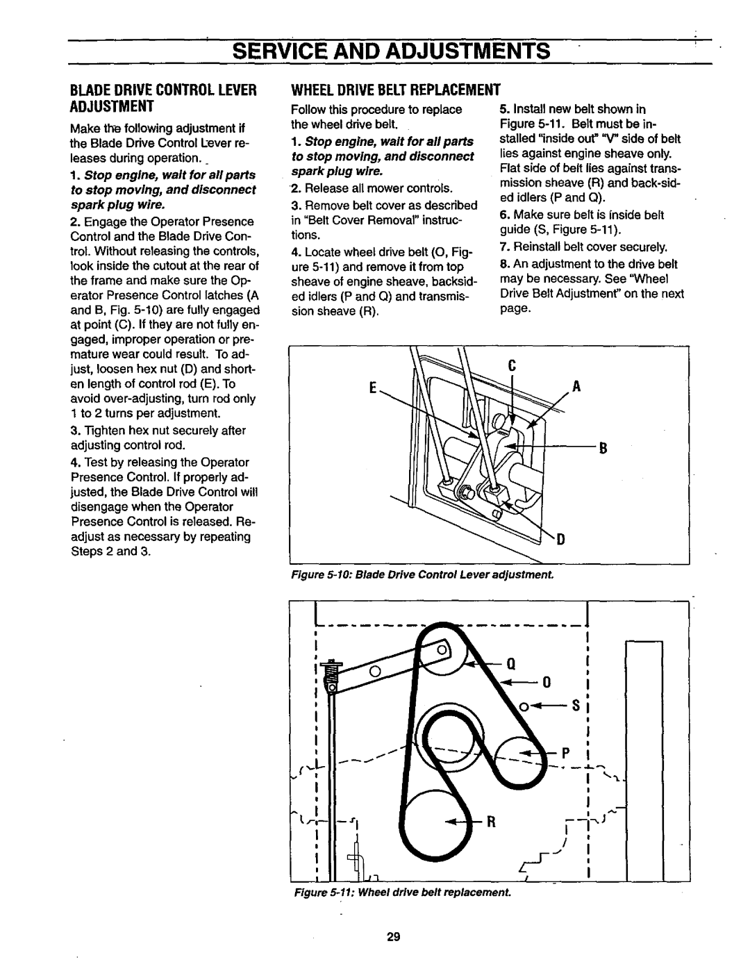 Craftsman 987.889 owner manual Bladedrivecontrollever Wheeldrivebeltreplacement Adjustment, Install new belt shown 