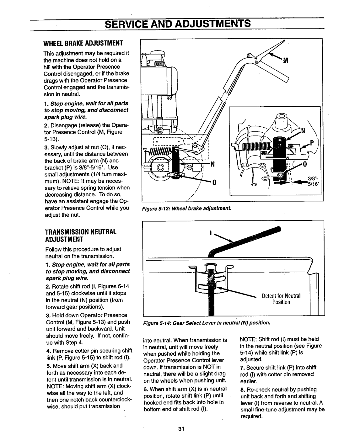 Craftsman 987.889 owner manual Wheelbrakeadjustment, Transmissionneutral Adjustment 