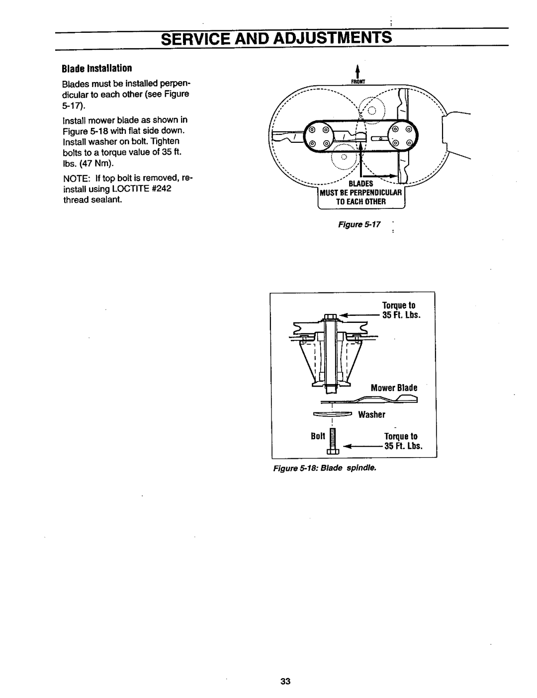 Craftsman 987.889 Service, Adjustments, Blade Installation, Torqueto Mower Blade Washer BoltHTorqueto 35 Ft. Lbs 