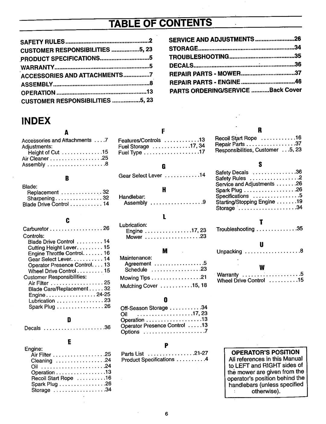 Craftsman 987.889 owner manual Table of Contents, Index 