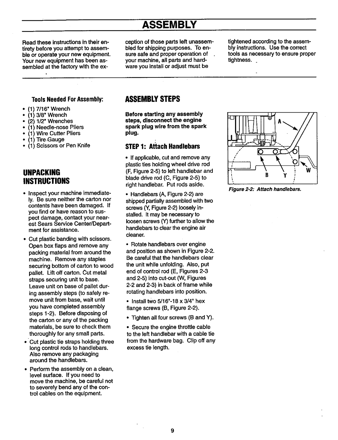 Craftsman 987.889 owner manual Unpacking Instructions, Assemblysteps, AttachHandlebars, Tools NeededForAssembly 