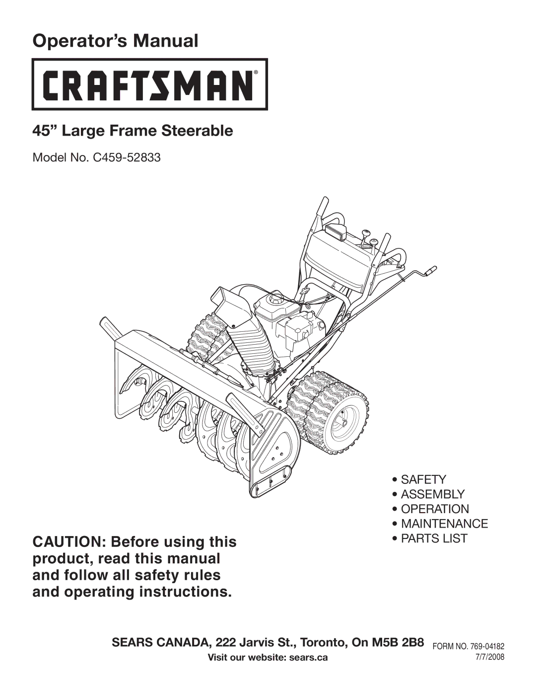 Craftsman C459-52833 manual Operator’s Manual, 2008 