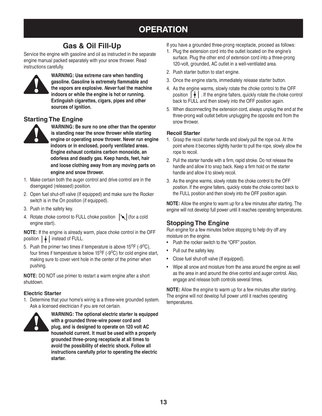 Craftsman C459-52833 manual Starting The Engine, Stopping The Engine, Electric Starter, Recoil Starter 