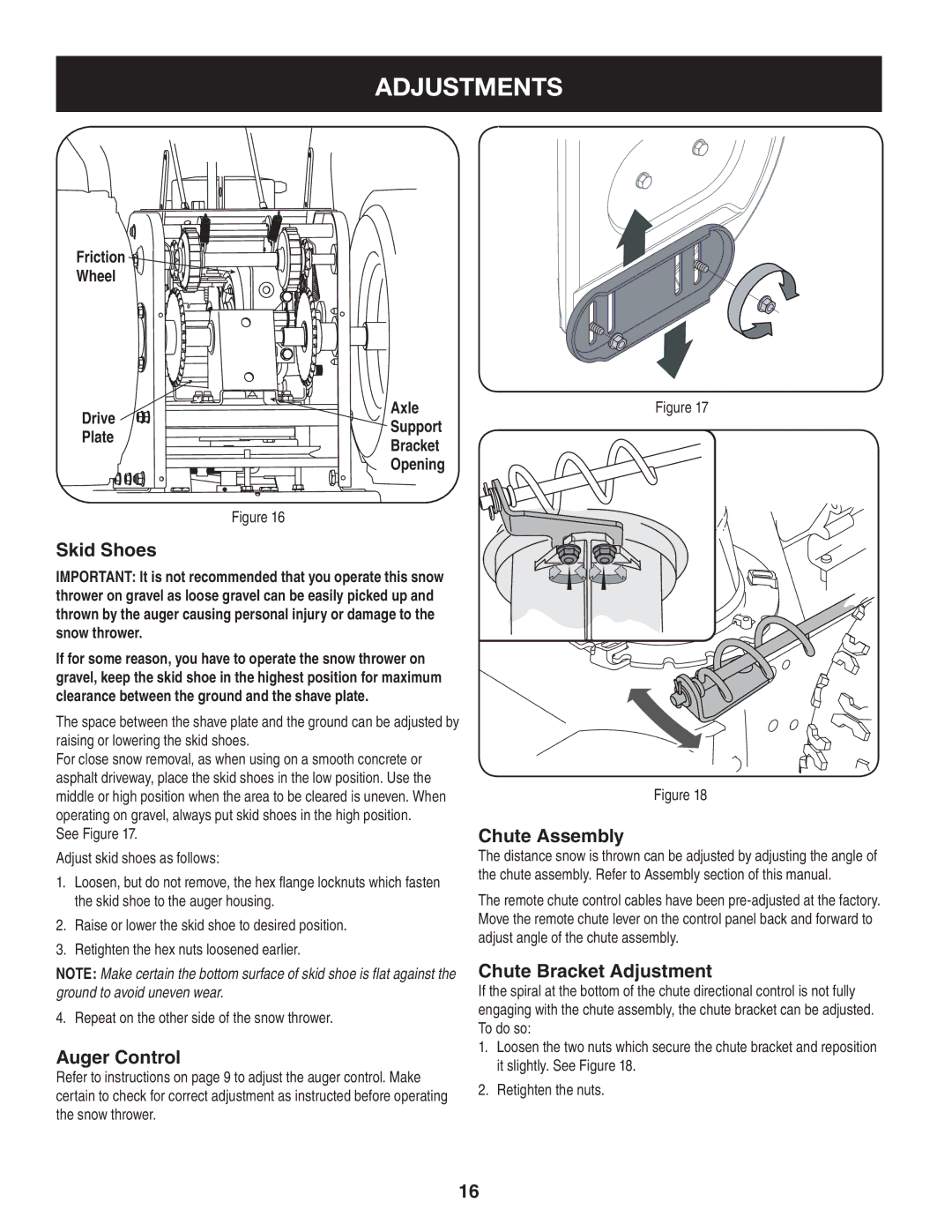 Craftsman C459-52833 manual Auger Control, Chute Assembly, Chute Bracket Adjustment 