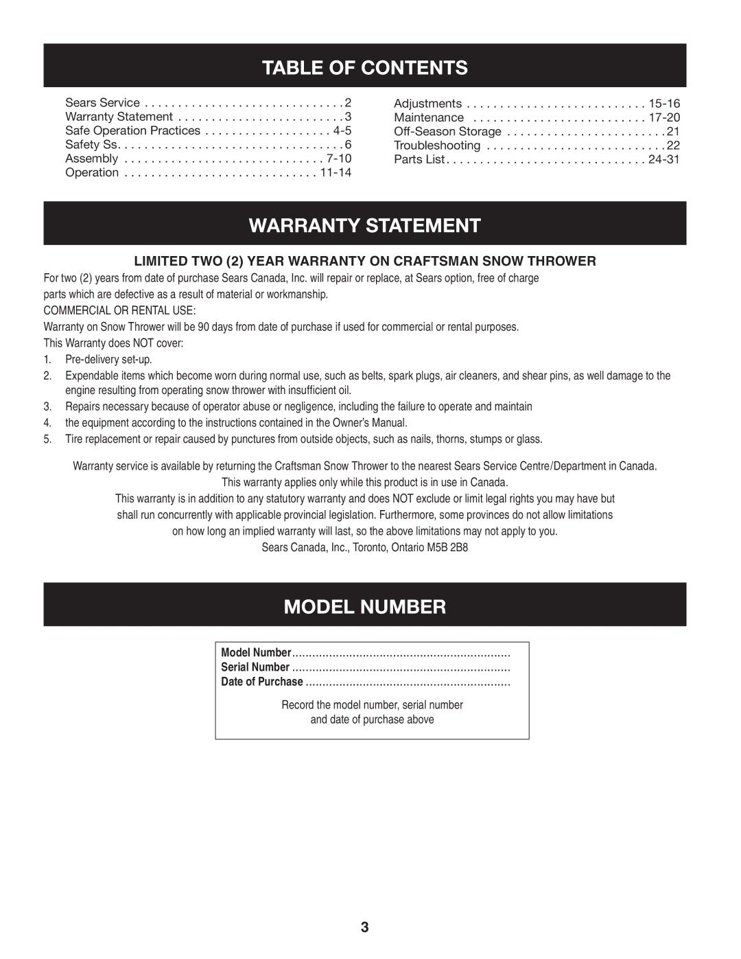 Craftsman C459-52833 manual Table of Contents, Warranty Statement, Model Number 