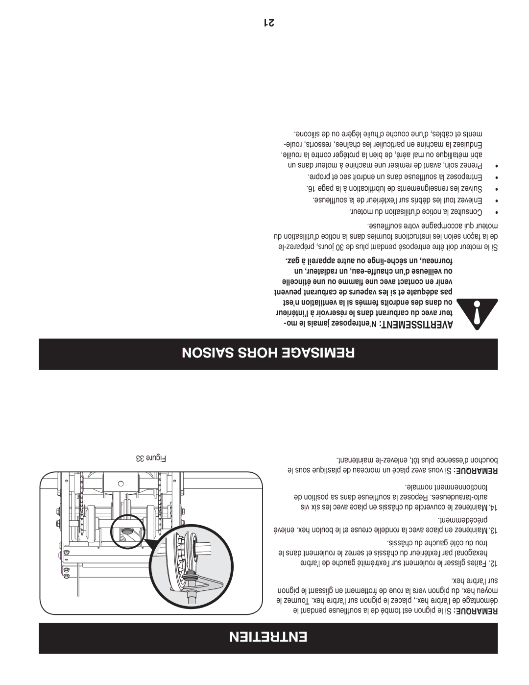 Craftsman C459-52833 manual Saison Hors Remisage, Entretien, Précédemment 