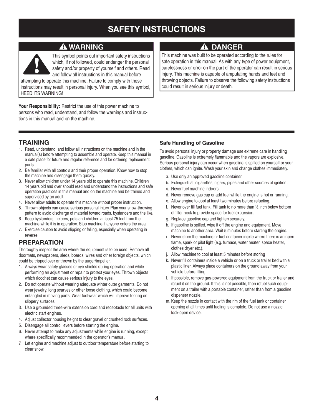 Craftsman C459-52833 manual Safety Instructions, Training, Preparation, Safe Handling of Gasoline 