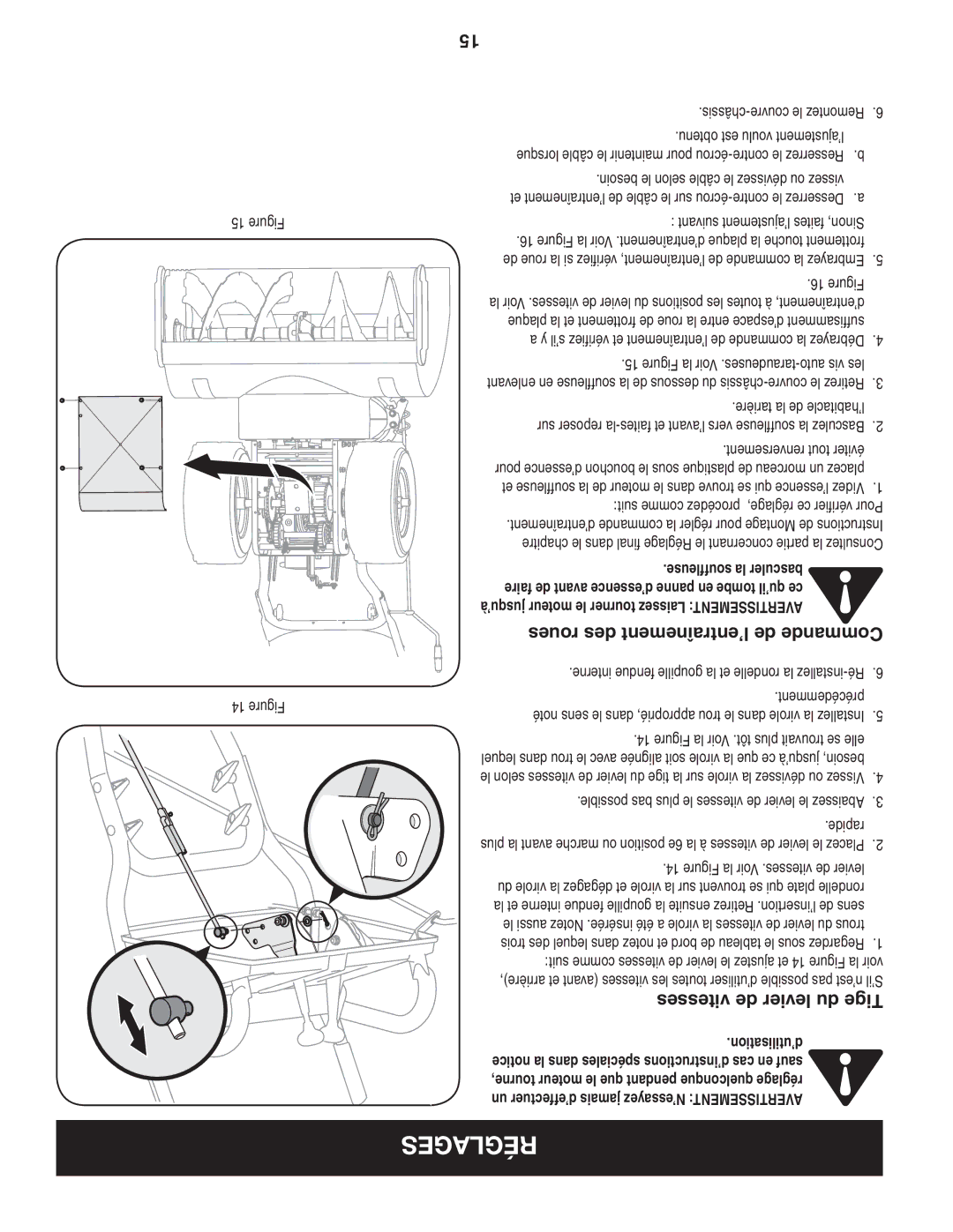 Craftsman C459-52833 manual Roues des l’entraînement de Commande, Vitesses de levier du Tige, ’utilisation 