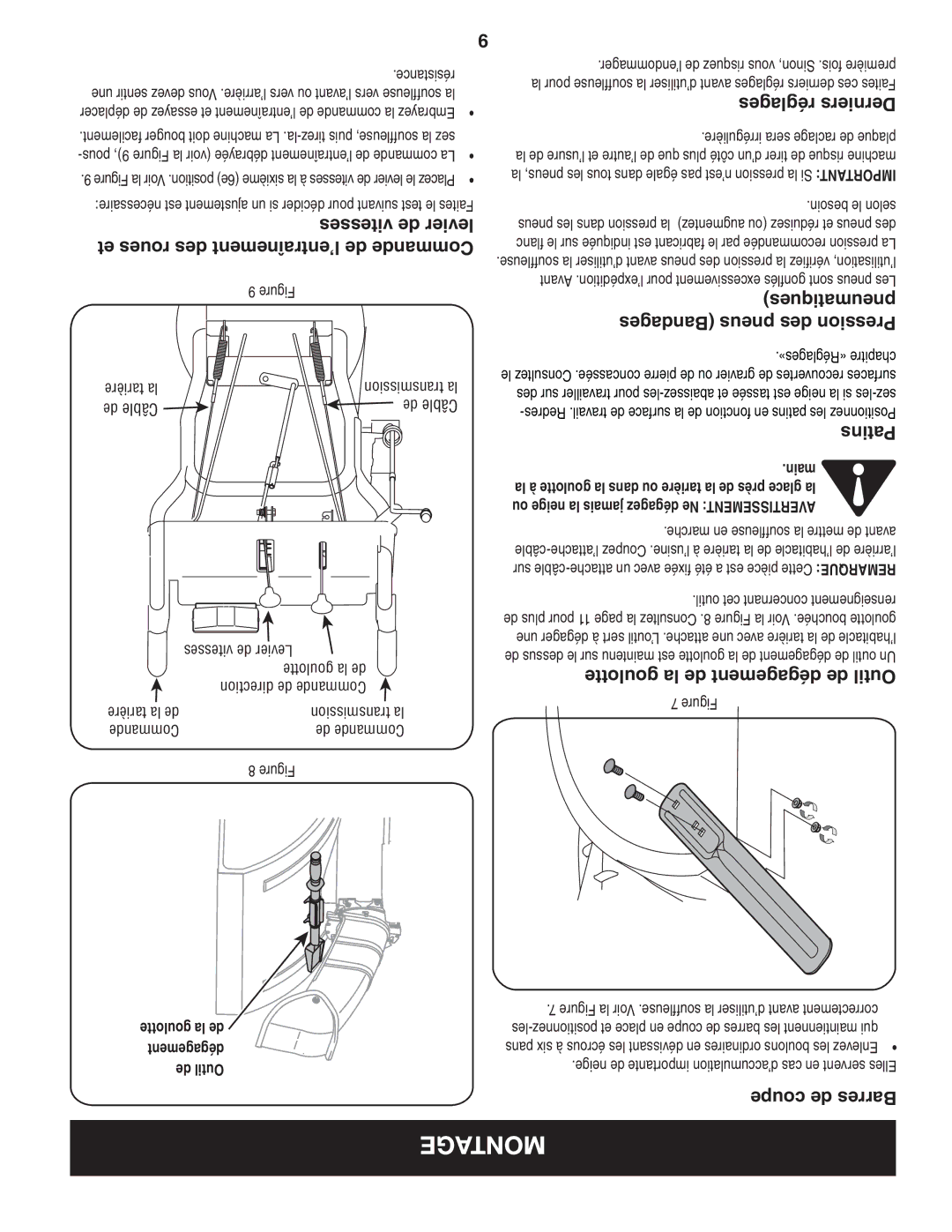 Craftsman C459-52833 manual Réglages Derniers essayezet déplacerde, Coupe de Barres, Goulotte la de, Dégagement, De Outil 