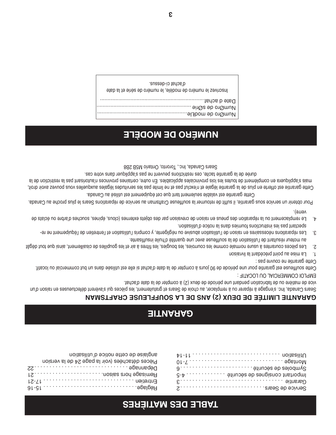 Craftsman C459-52833 manual Modèle DE Numéro, Garantie, Matières DES Table, Dessus-ci d’achat, Verre 
