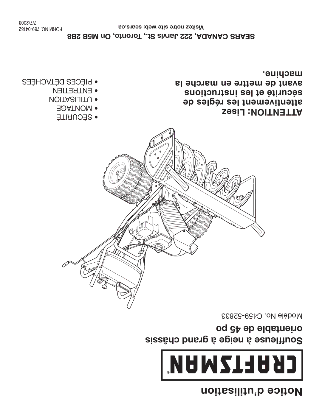 Craftsman C459-52833 manual ’utilisation Notice 