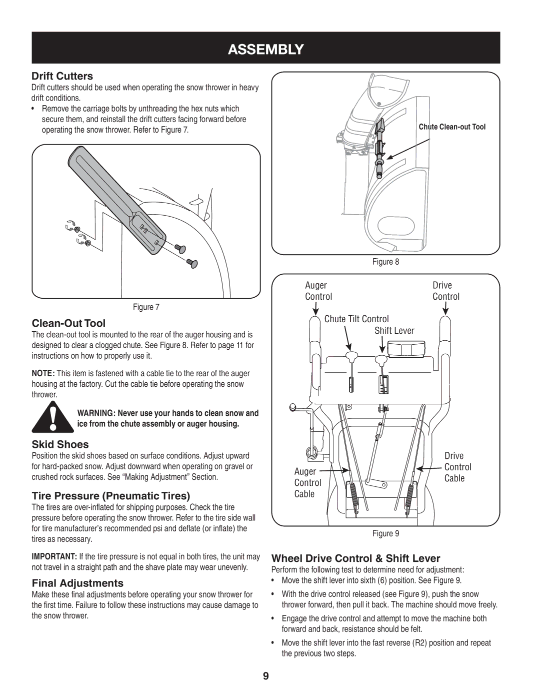 Craftsman C459-52833 manual Drift Cutters, Clean-Out Tool, Skid Shoes, Tire Pressure Pneumatic Tires, Final Adjustments 