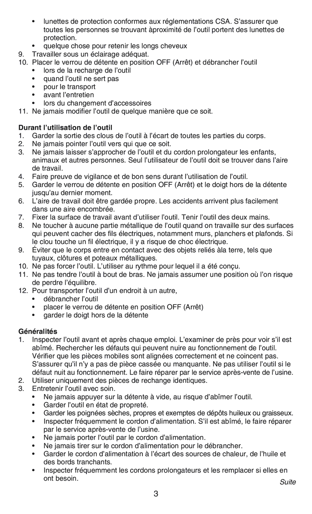 Craftsman C583-930360 operating instructions Durant l’utilisation de l’outil, Généralités 