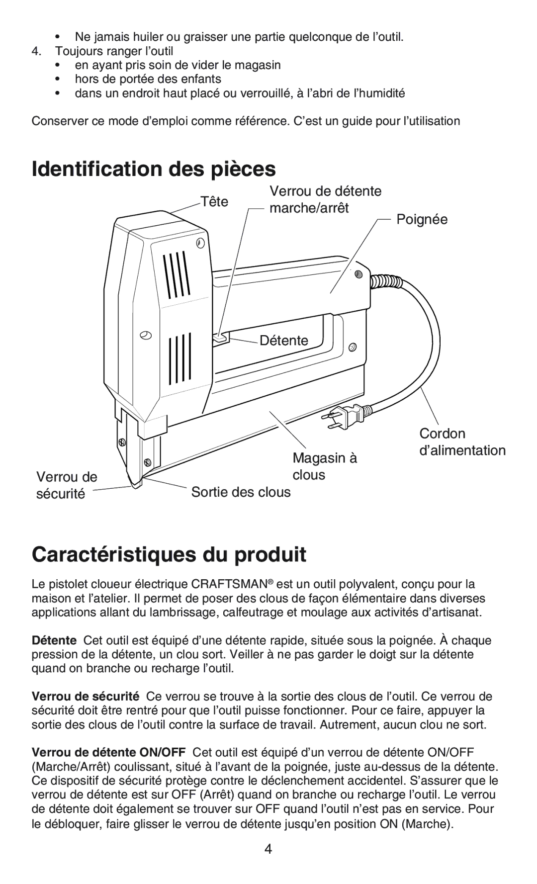 Craftsman C583-930360 operating instructions Identification des pièces, Caractéristiques du produit 