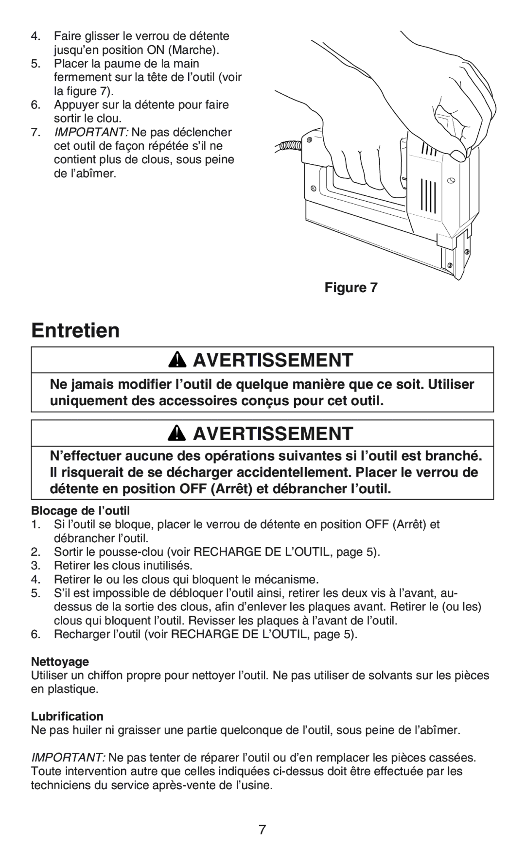 Craftsman C583-930360 operating instructions Entretien, Blocage de l’outil, Nettoyage, Lubrification 