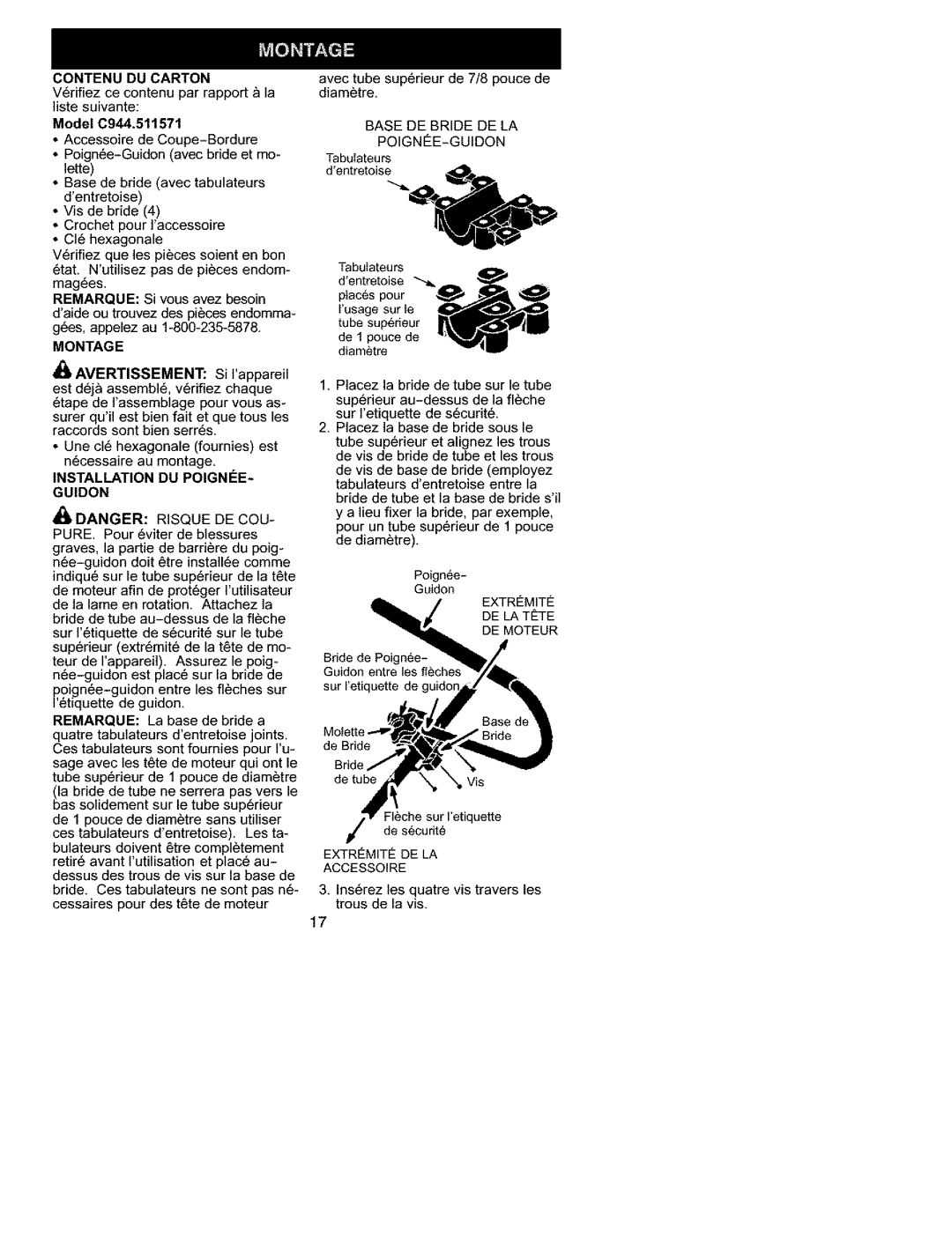 Craftsman C944.511571 manual Contenu DU Carton, Montage, Avertissement Si rappareil 