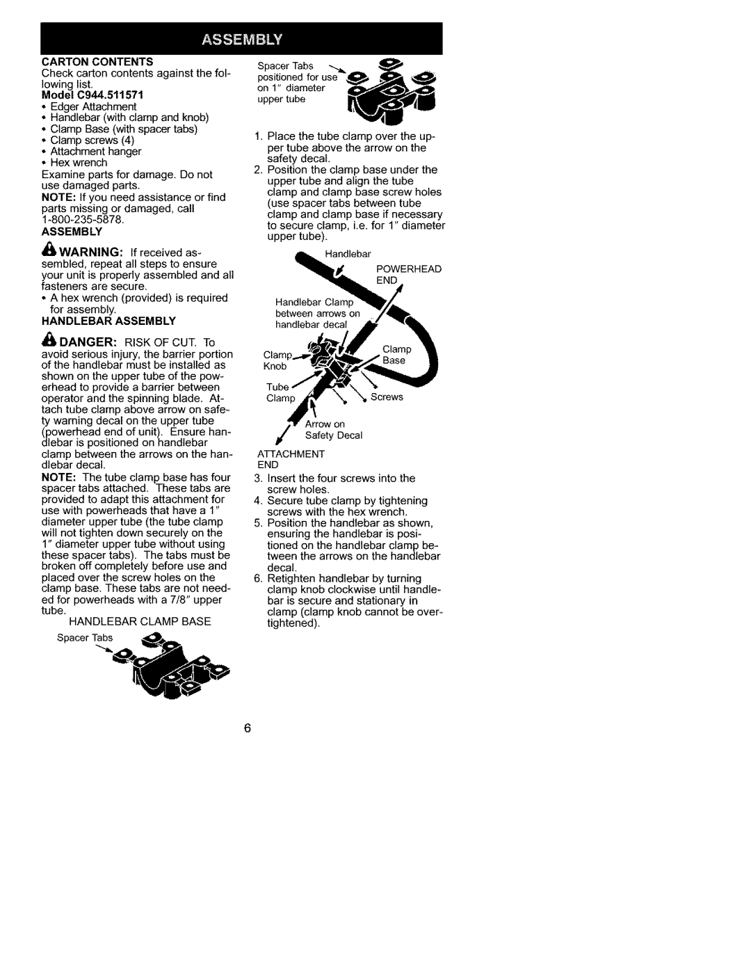 Craftsman C944.511571 manual Carton Contents, Handlebar Assembly, Handlebar Clamp Base, Attachment END 