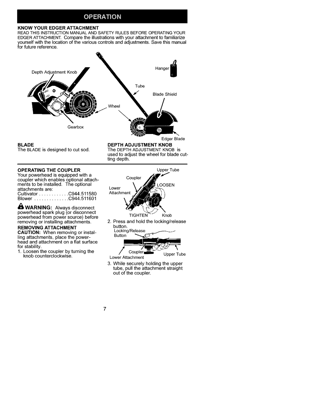 Craftsman C944.511571 manual Know Your Edger Attachment, Blade, Operating the Coupler, Removing Attachment 