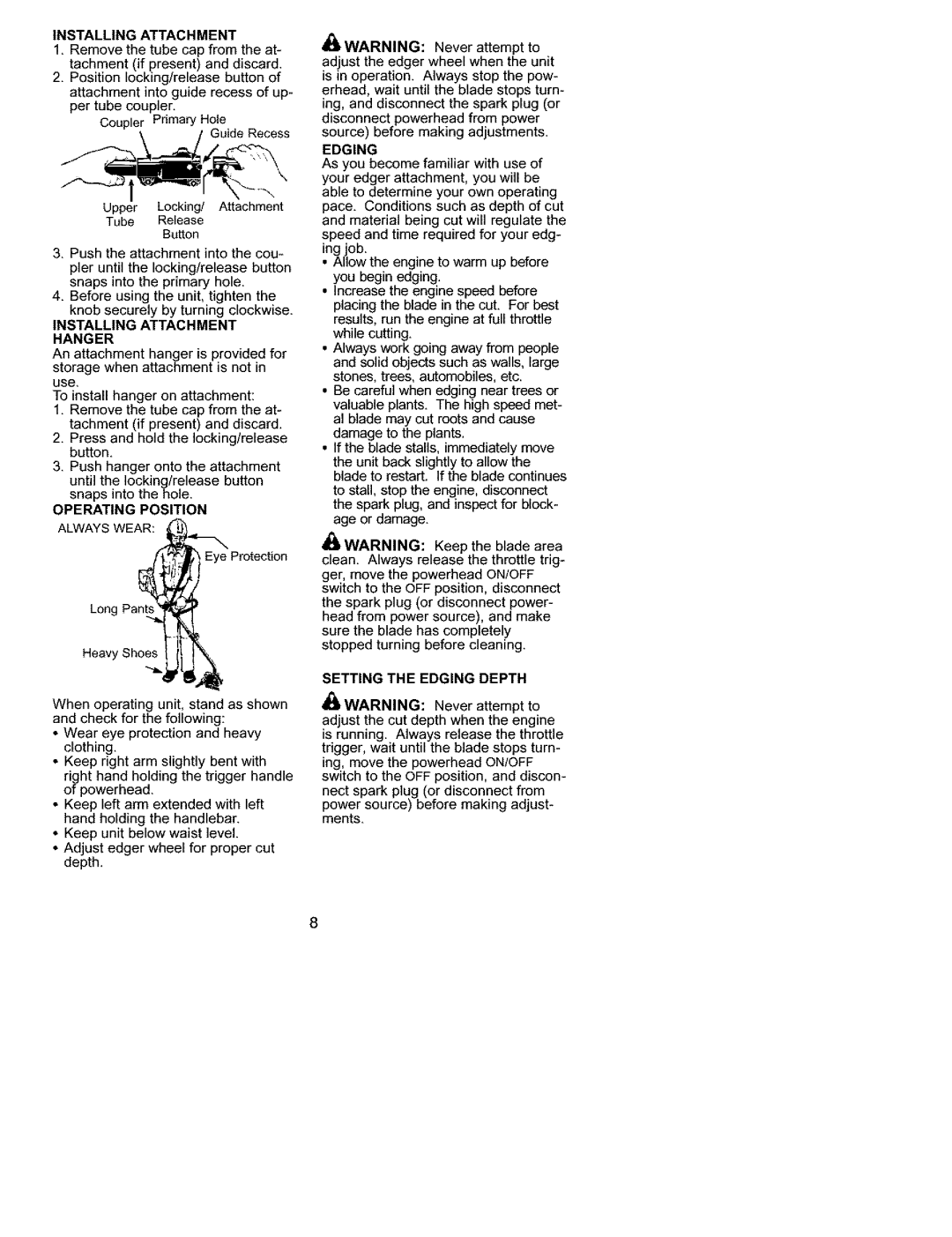 Craftsman C944.511571 manual Installing Attachment, Hanger, Operating Position, Setting the Edging Depth 