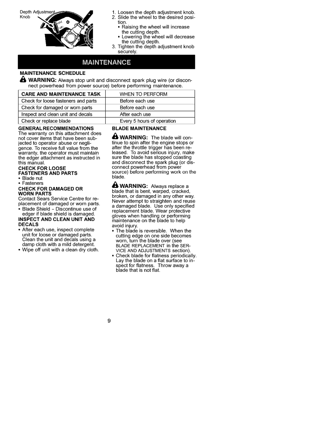 Craftsman 51157 Maintenance Schedule Care and Maintenance Task, Eneral Recommendations, Check for Damaged or Worn Parts 