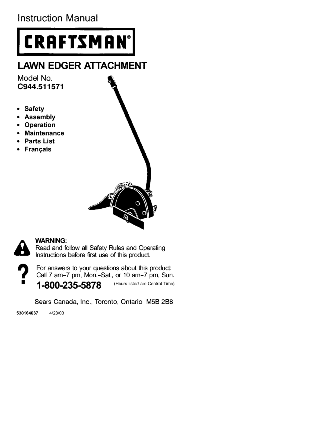 Craftsman manual Lawn Edger Attachment, Model No C944.511571, Safety Assembly Operation Maintenance 