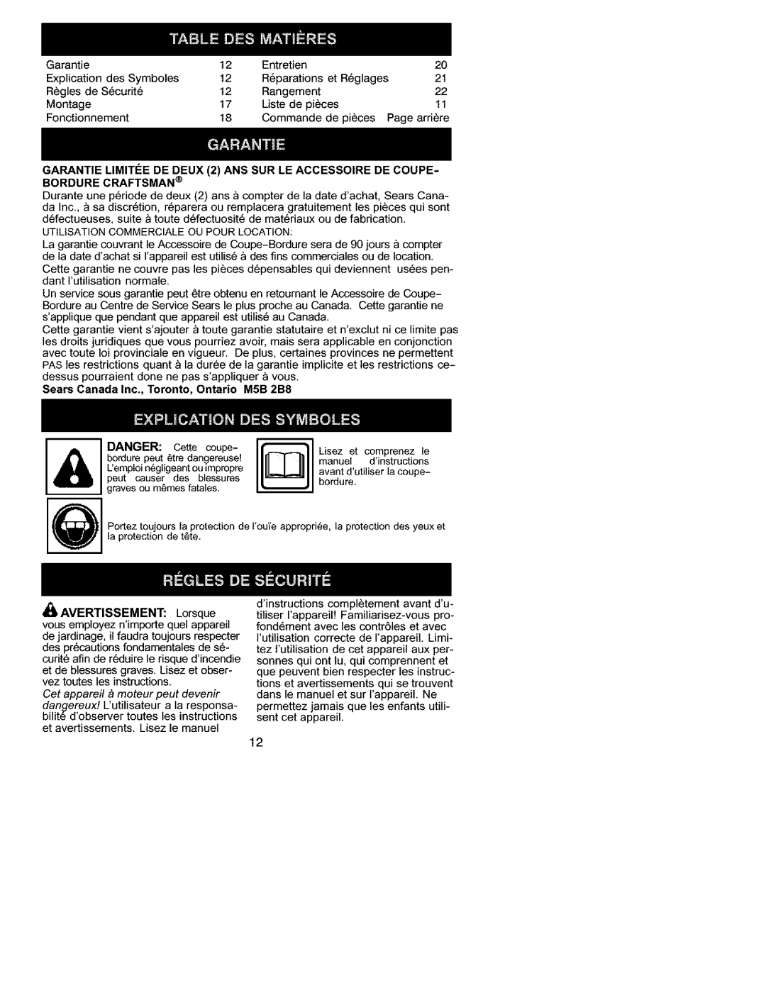 Craftsman C944.511571 manual Danger, l AVERTISSEMENT Lorsque, Sears Canada Inc., Toronto, Ontario MSB 2B8 