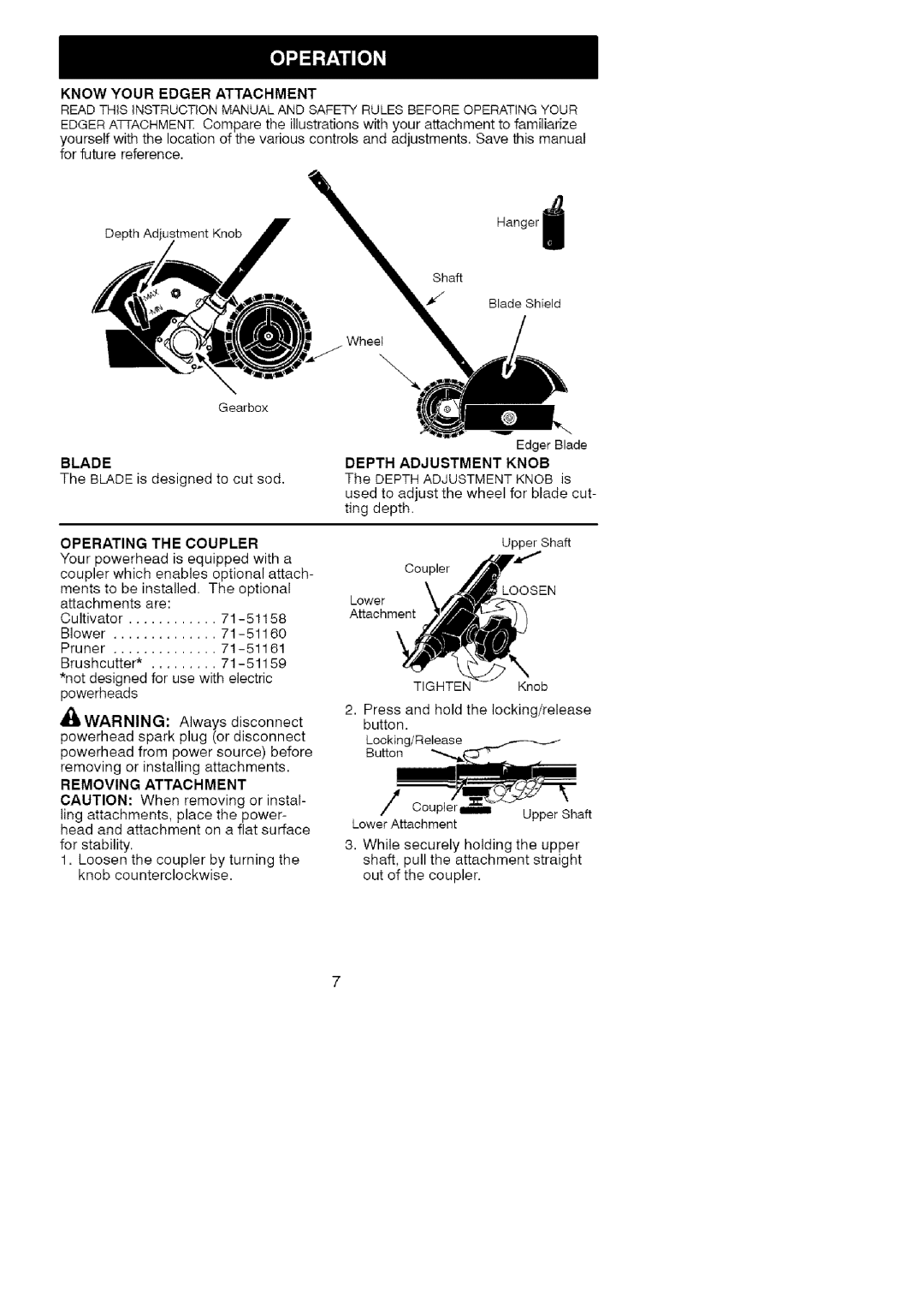 Craftsman C944.511573 instruction manual Knowyour Edger Attachment, Blade, Operating The Coupler, Depth Adjustment Knob 