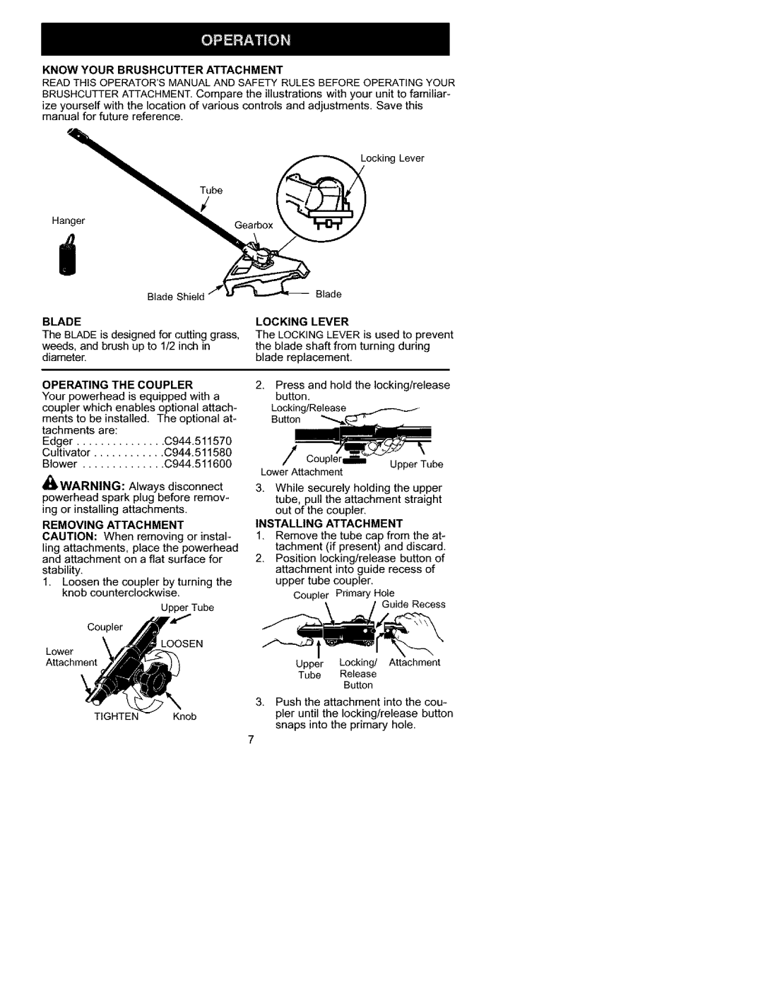 Craftsman C944.511590, 0944.511590 manual Know Your Brushcutter Attachment, Blade, Removing Attachment, Locking Lever 