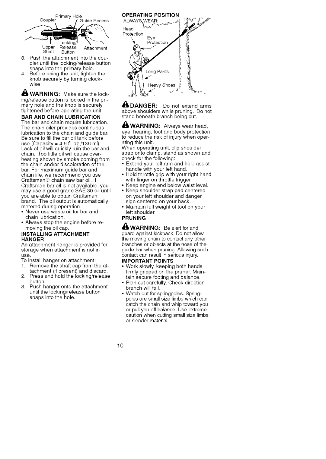 Craftsman C944.514610 instruction manual Installing Attachment Hanger, Pruning, Important Points 