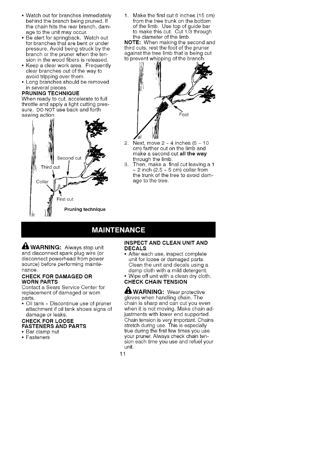 Craftsman 51461 Pruning Technique, Check for Damaged or Worn Parts, Check for Loose Fasteners and Parts, Decals 