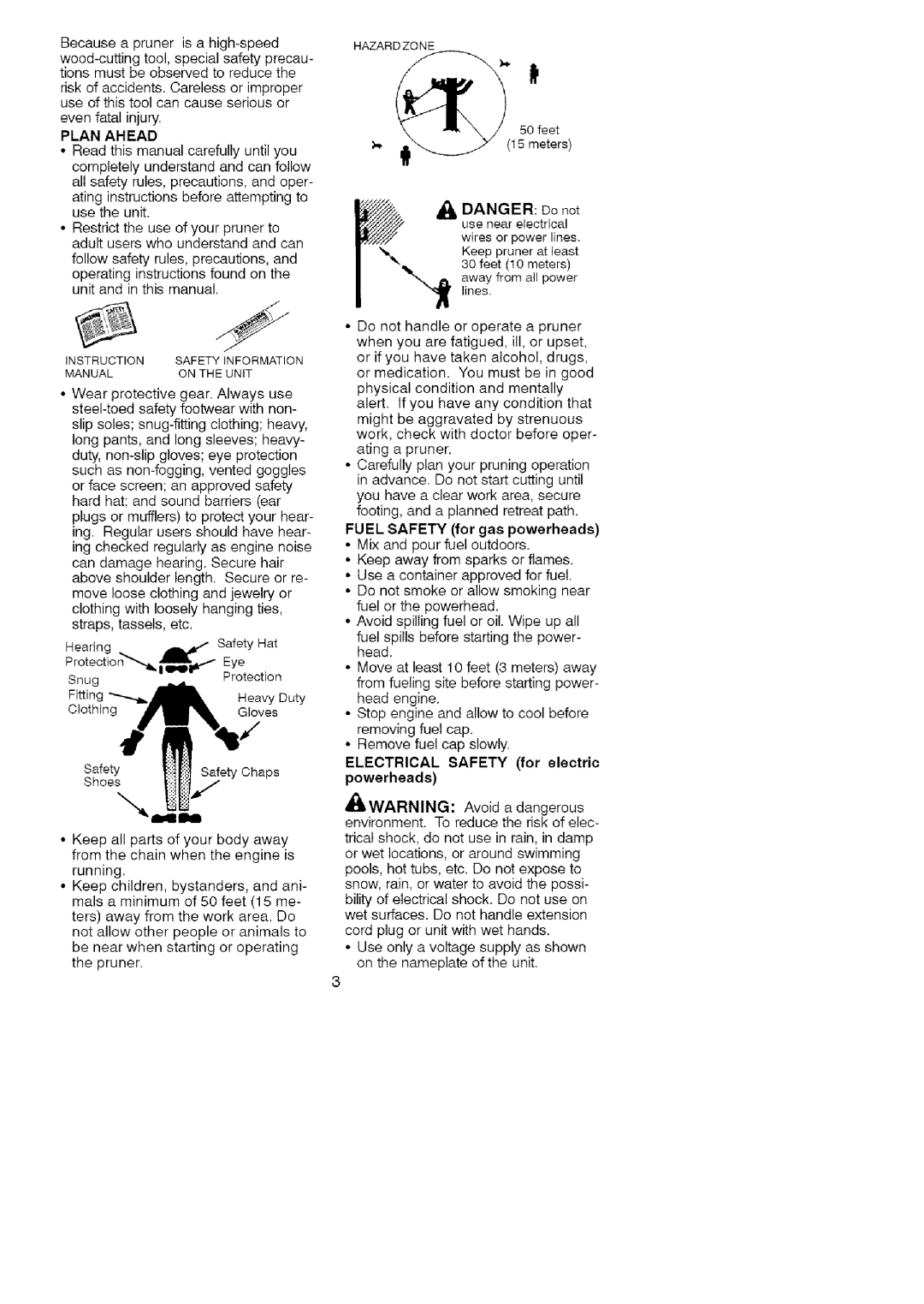 Craftsman C944.514610 Plan Ahead, Fuel Safety for gas powerheads, Electrical Safety for electric powerheads 