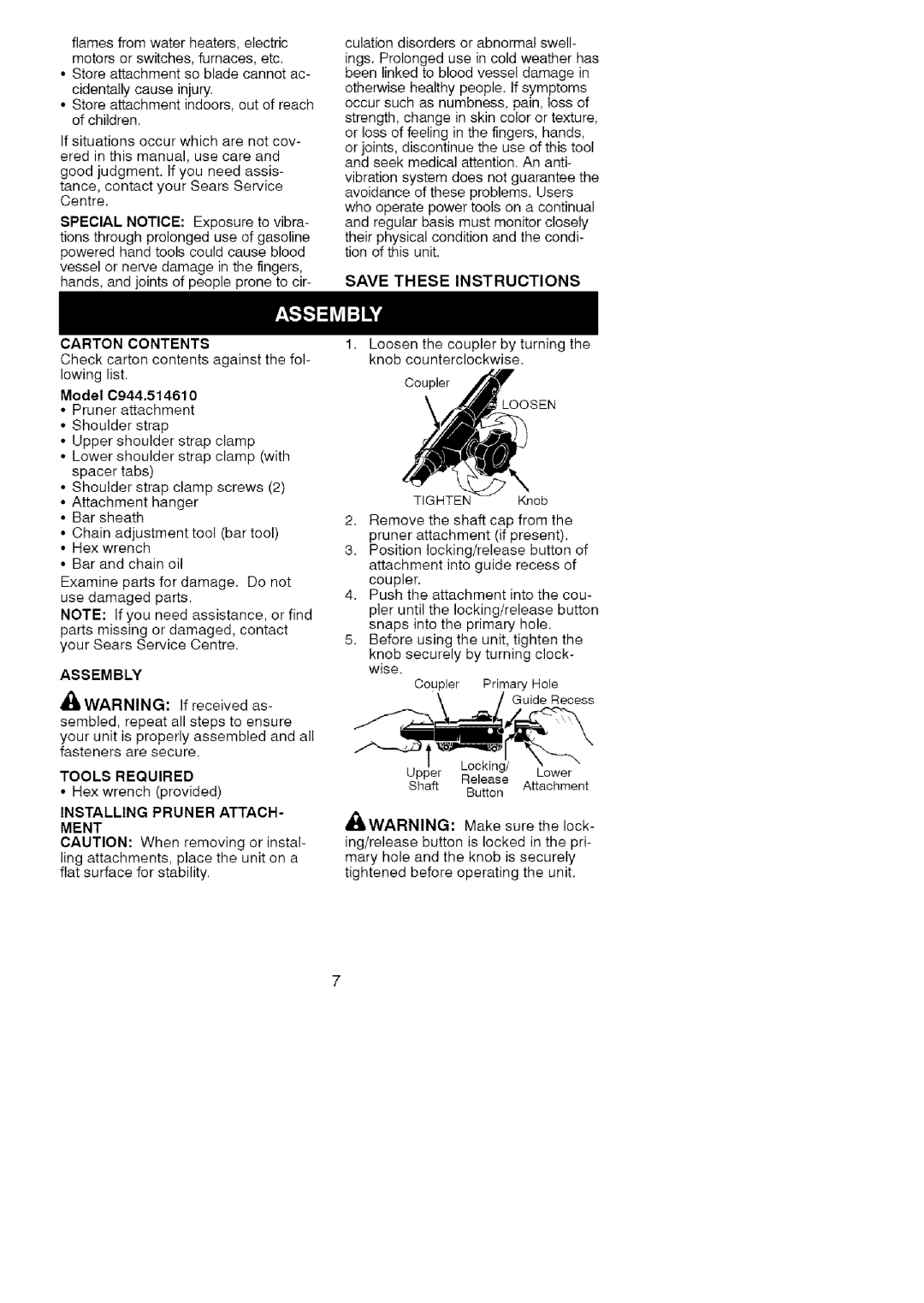 Craftsman 51461 Motorsswitches,furnaces,etc, Carton Contents, Assembly, Tools Required, Installing Pruner Attach Ment 