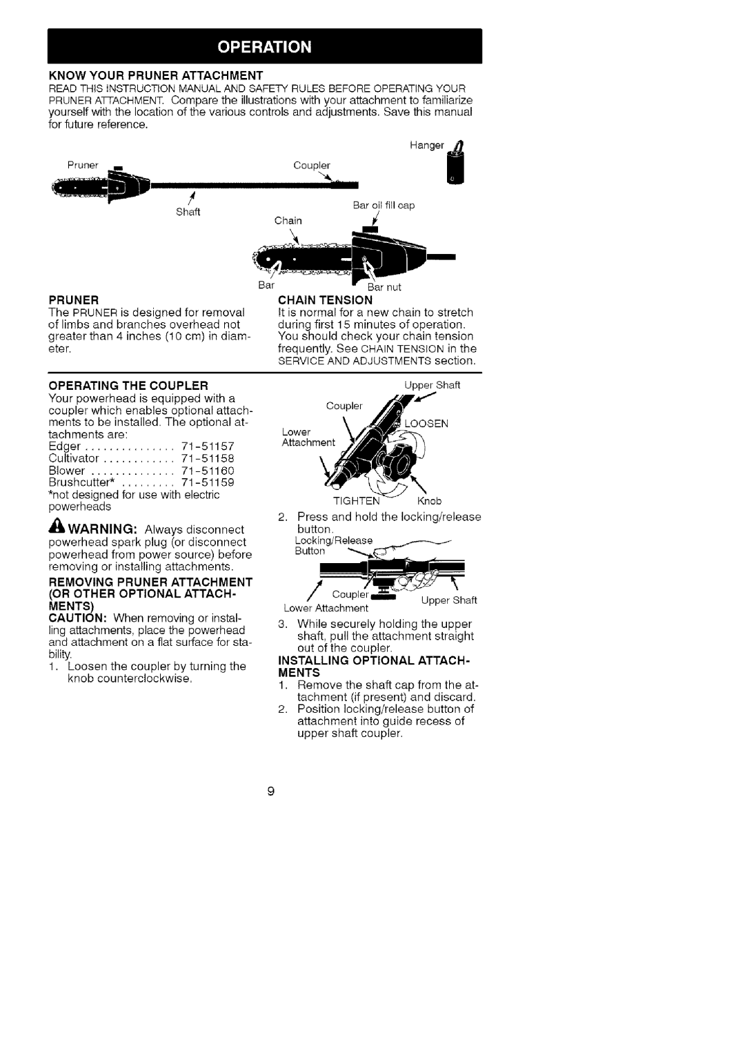 Craftsman C944.514610 instruction manual Knowyourpruner Attachment, Pruner, Operating the Coupler, Ments, Chain Tension 