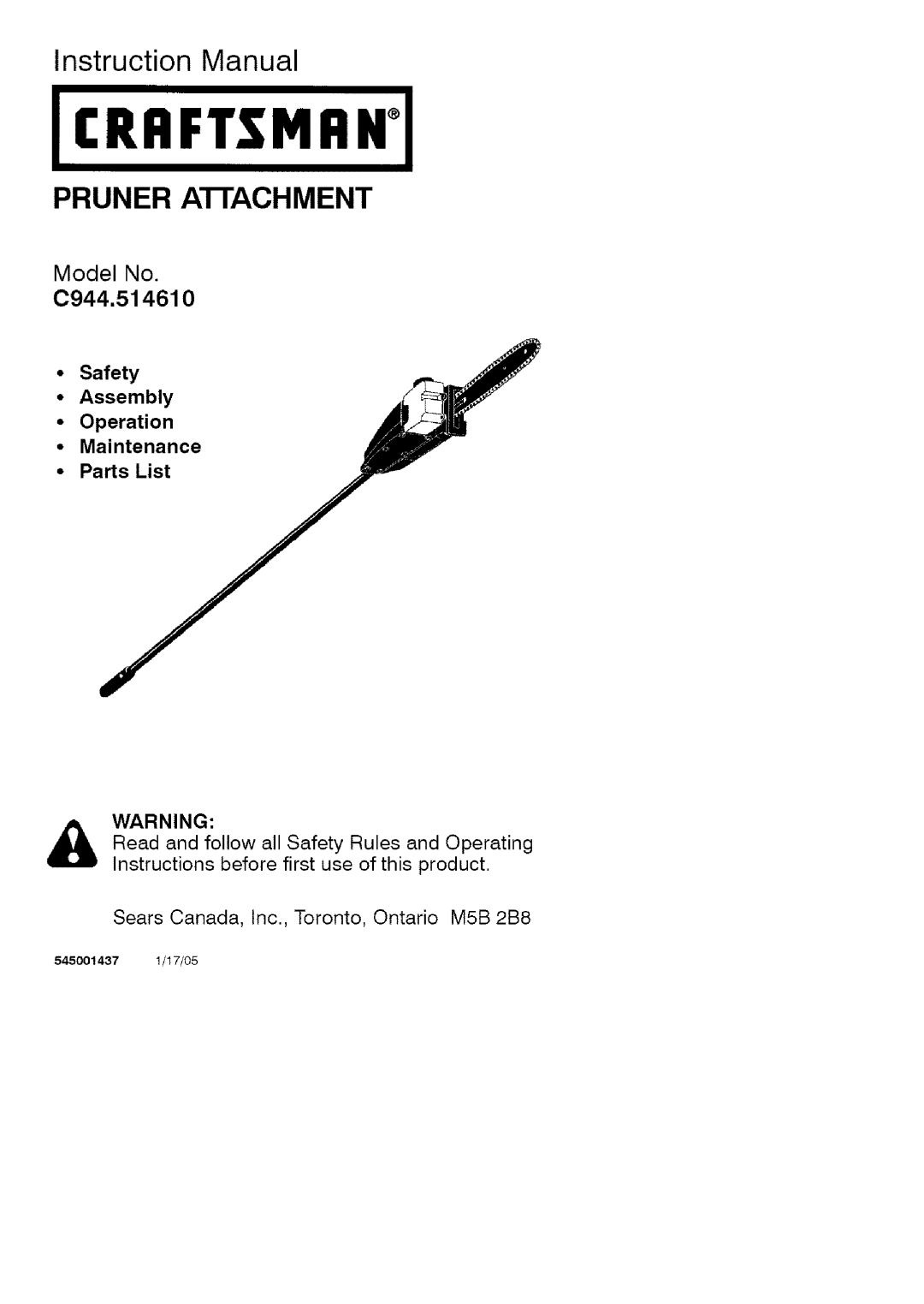 Craftsman 51461 instruction manual J€ Raftsma#J, PRUNER AI-rACHMENT, Safety Assembly Operation Maintenance, Parts List 