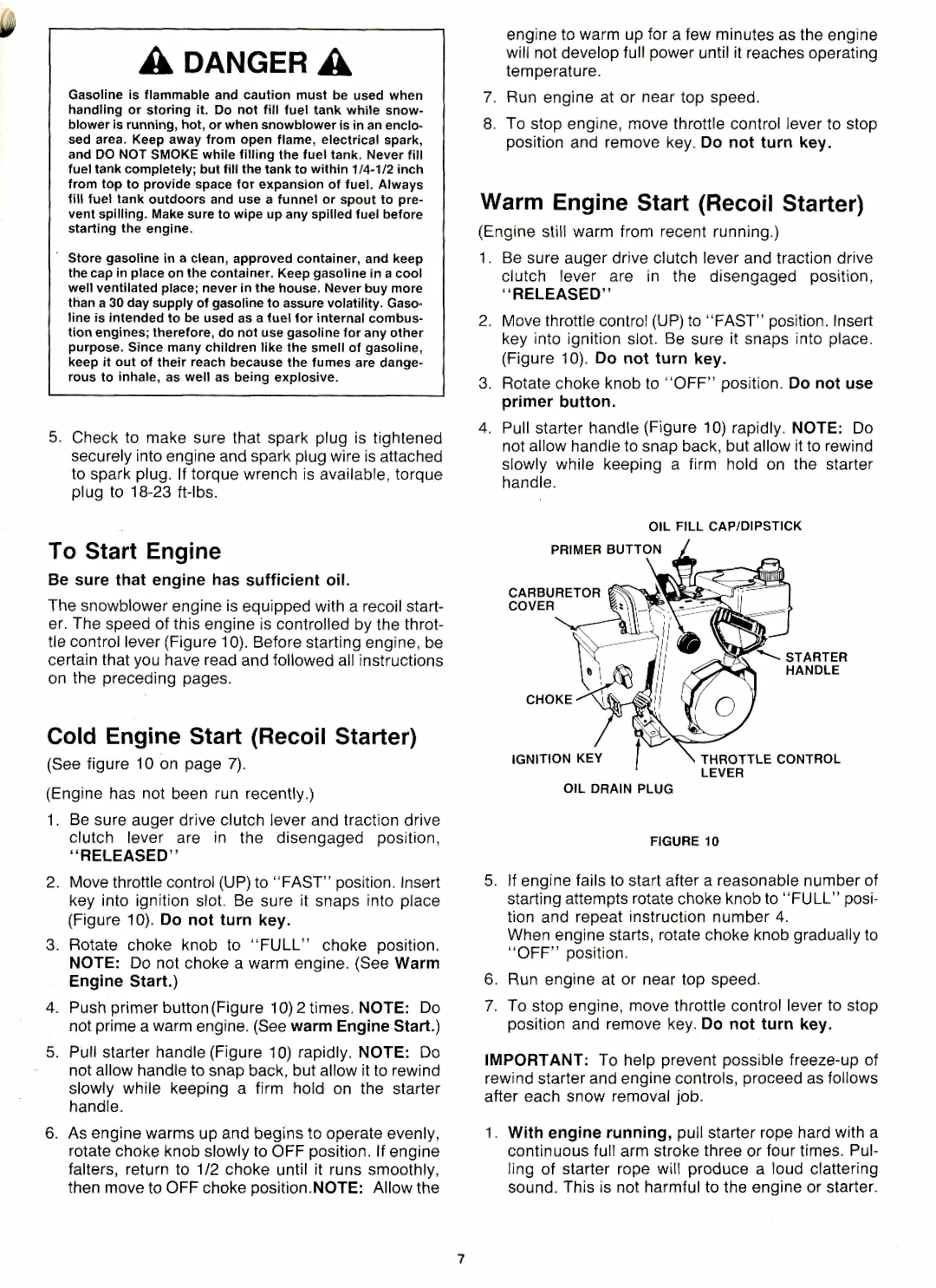 Craftsman C950-52474-7 Aoangera, To Start Engine, Warm Engine Start Recoil Starter, Cold Engine Start Recoil Starter 