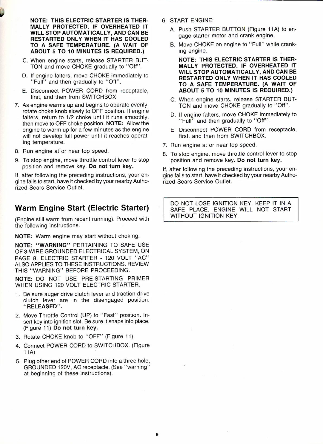 Craftsman C950-52677-7, C950-52475-7, C950-52474-7 owner manual Warm Engine Start Electric Starter 