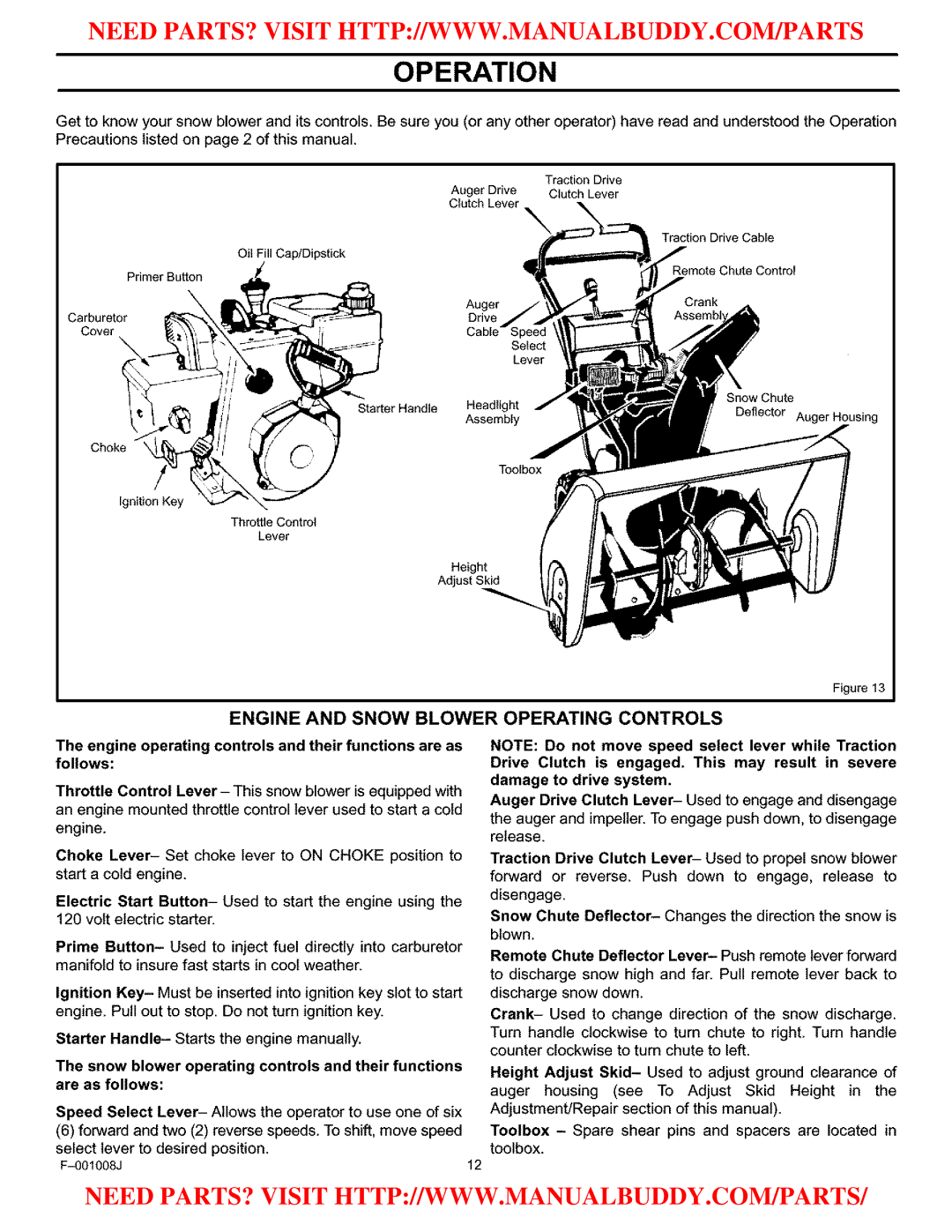 Craftsman C950-52930-0 owner manual Engine and Snow Blower Operating Controls 