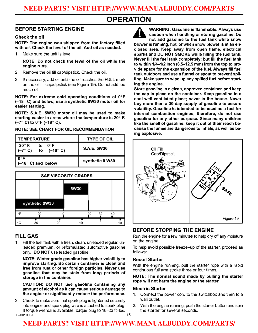 Craftsman C950-52930-0 owner manual Before Starting Engine, Fill GAS, Temperature Type of OIL, Oof 