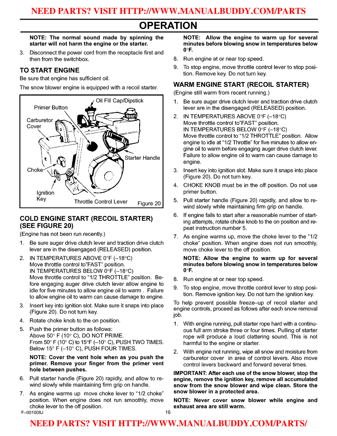 Craftsman C950-52930-0 To Start Engine, Warm Engine Start Recoil Starter, Cold Engine Start Recoil Starter, See Figure 