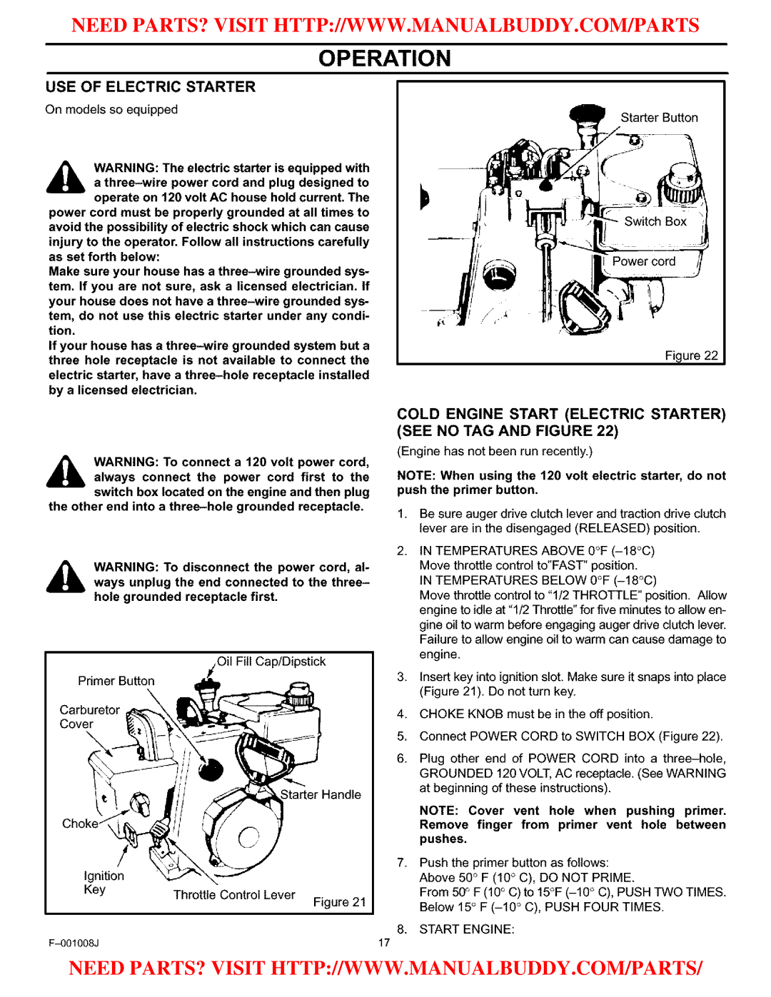 Craftsman C950-52930-0 USE of Electric Starter, Cold Engine Start Electric Starter See no TAG and Figure, Pushes 