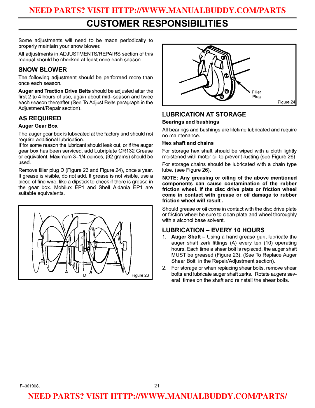 Craftsman C950-52930-0 owner manual Customer Responsibilities, Snow Blower, AS Required, Lubrication AT Storage 