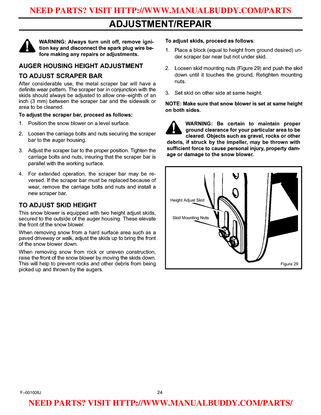 Craftsman C950-52930-0 Adjustment/Repair, Auger Housing Height Adjustment To Adjust Scraper BAR, To Adjust Skid Height 