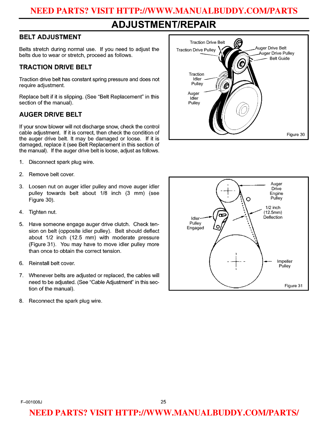 Craftsman C950-52930-0 owner manual Belt Adjustment, Traction Drive Belt, Auger Drive Belt 